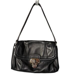 Y2K B. Makowsky Leather Shoulder Bag Black Purple Satin Int Mixed Metal Purse